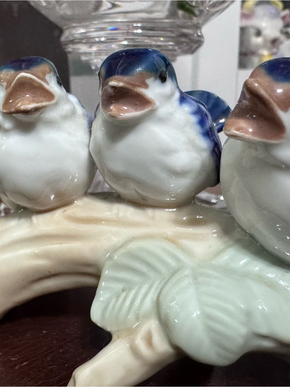 Vintage Ceramic Blue & White 3 Bluebirds on a Branch Figurine